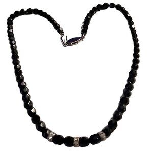 Vintage-Style Faceted Black Beaded Necklace with Rhinestone Rondelle Accents